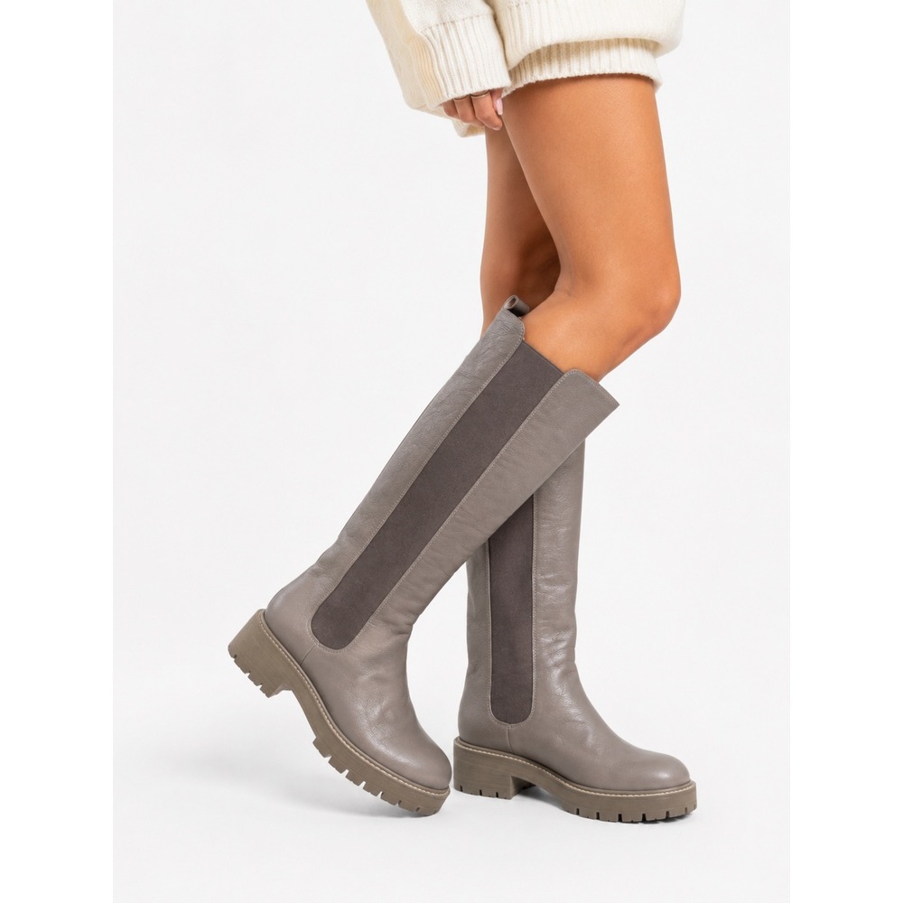 Aquazzura Leather Knee High Chelsea Boots Taupe Lug Sole Women's EU 37